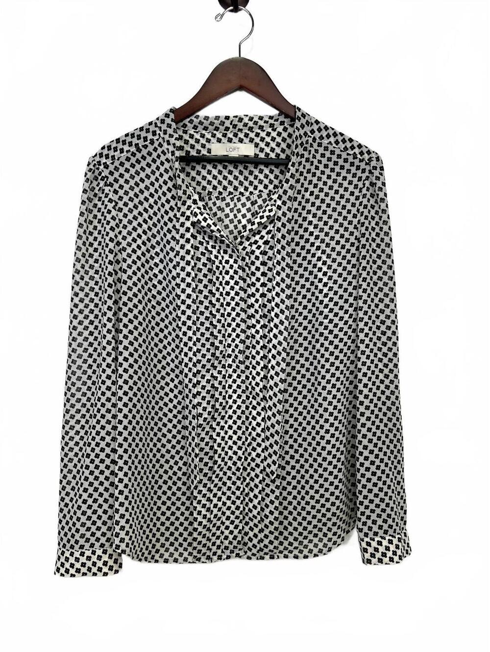 LOFT Size XL Women's Black and White Printed Long Sleeve Blouse with Tie Neck